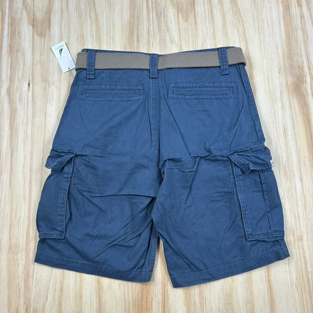 Nautica NEW Navy Blue 100% Cotton Baggy Cargo Twill‎ Shorts with Gray Belt 32